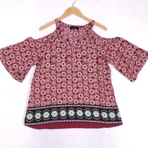 Corvia Cold Shoulder Blouse Womens Size M Maroon Boho Bell Sleeve Medallion Top